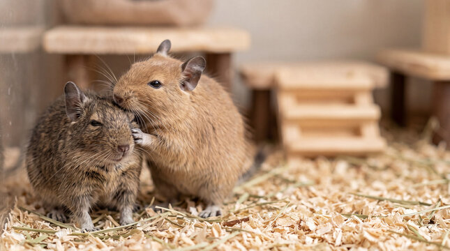 Two cute Degus engaging in mutual grooming, showing social bonding in a clean and cozy home cage environment.