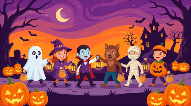 anak-anak mengenakan kostum Halloween