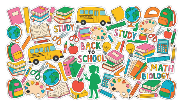Colorful school supplies stickers collection with books globe and bus for back to school concepts