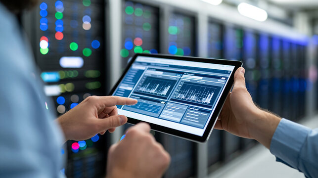 Anonymous data center facilities manager reviewing power usage effectiveness metrics on a building management system screen, energy efficiency concept, faceless, defocused, with