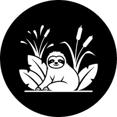 Obraz premium Cute Sloth Sitting Among Tall Grass and Leaves.