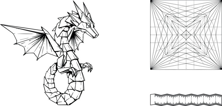 Origami Paper Folding Craft Line Art Vector Icon Set Featuring Complex Japanese Dragon Model Geometric Crease Pattern Grid And Pleated Strip