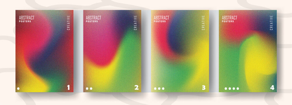 Abstract multi color aura gradient posters set with heavy grainy noise texture and fluid blur background vector illustration