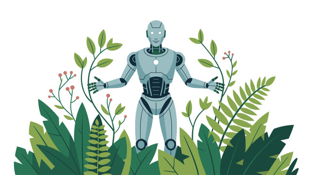 A sleek futuristic humanoid robot standing calmly amidst lush tropical green leaves and vibrant plants in a nature-inspired illustration.