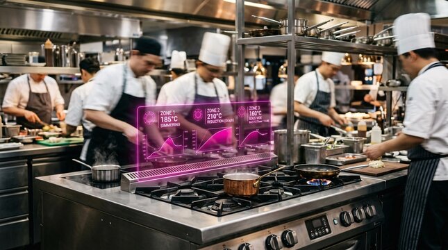 Culinary kitchen buzzing with blurred chefs working in the background, while the foreground focuses on a sleek stainless steel heating stove.