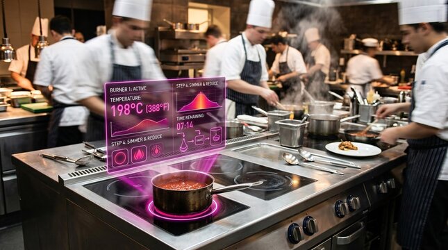 Culinary kitchen buzzing with blurred chefs working in the background, while the foreground focuses on a sleek stainless steel heating stove.