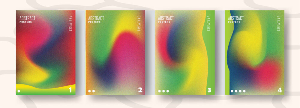 Abstract multi color aura gradient posters set with wavy frames heavy grainy noise texture and fluid background vector illustration