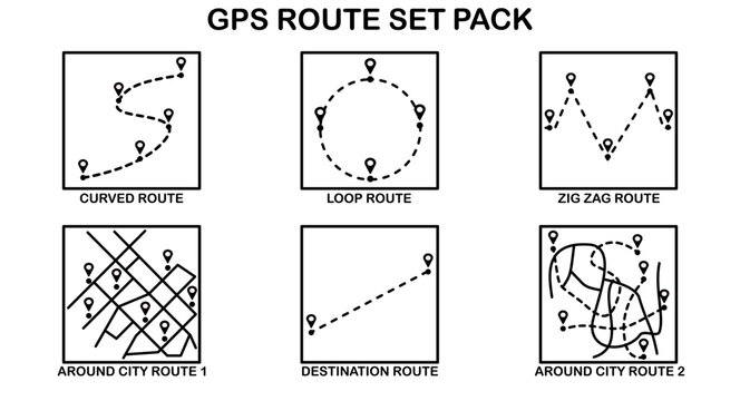 GPS route set pack with navigation map lines and location pin indicators minimalist black line art icon collection for tracking direction and destination concept.
