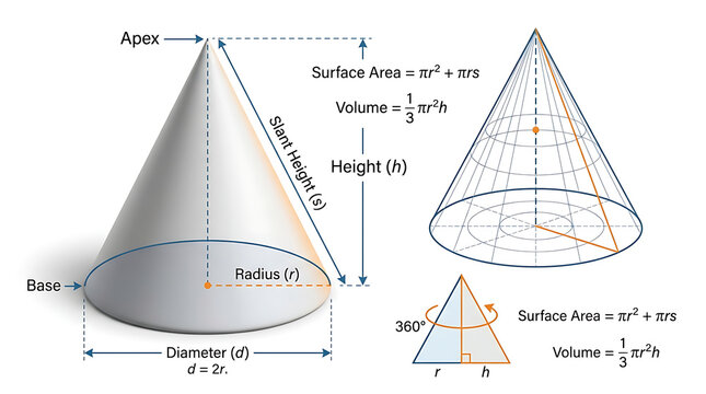 A detailed diagram illustrates geometric shapes and formulas for cones and triangles in a science and mathematics context with precise measurements and labels.