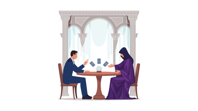 A man in a suit sits at a round table with a fortune teller in a purple robe, crystal ball, and floating cards under a grand stone arch.