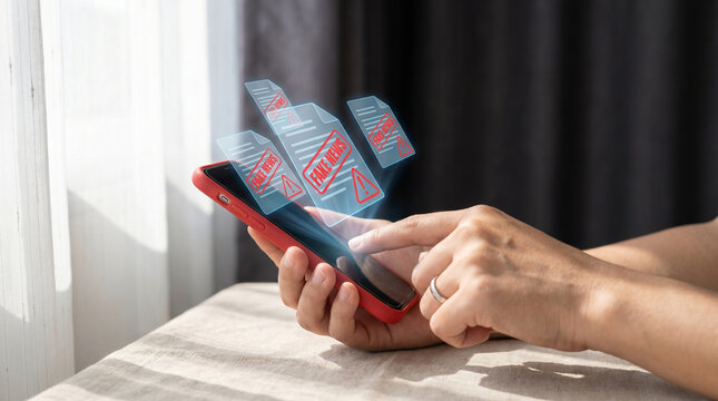Person using a smartphone to display holographic digital documents labeled with red fake news stamps