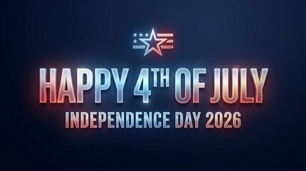 Fototapeta premium Happy 4th of July Independence Day 2026 banner, patriotic American flag star with neon glow, metallic red white and blue typography on dark background