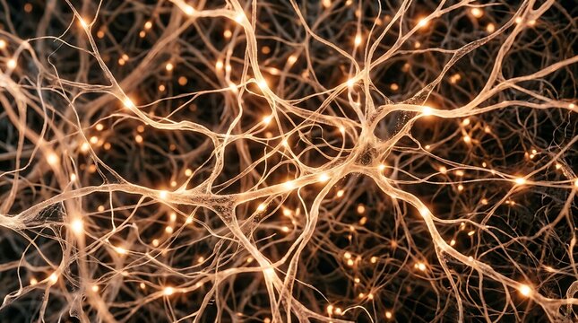 Close up of glowing interconnected neural network with bright orange lights on dark background neuron