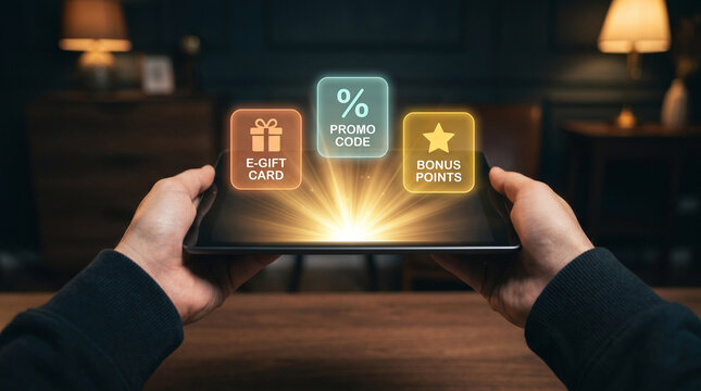 Person holding a digital tablet displaying glowing marketing icons for gift cards and promo codes