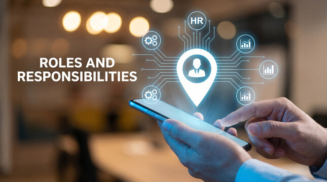 Human resources manager using a digital smartphone interface to define corporate roles and organizational job responsibilities