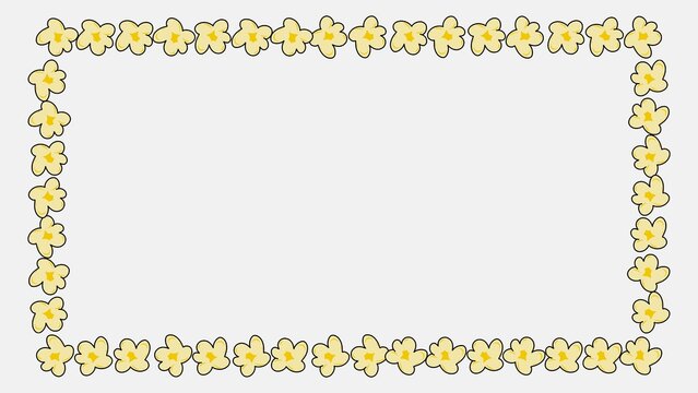 Popcorn Border Frame Background. Colorful border of popcorn and movie snacks. Cinema themed decorative border with popcorn. Cartoon movie banner. Popcorn template decorative