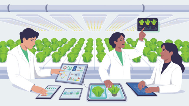 Three scientists collaborating around a table with tablets and digital displays, monitoring plant growth in a vast, modern indoor hydroponic farm.