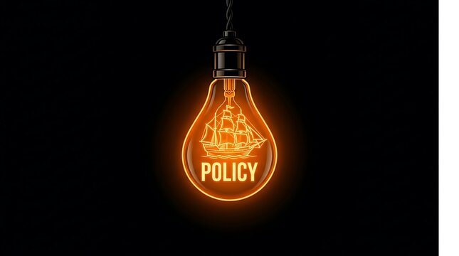 Glowing light bulb with sailing ship and word policy inside on black background idea concept