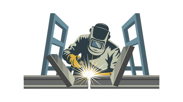 A skilled welder fuses two steel plates with bright sparks flying amidst ladder structures in a clean and professional workshop setting.