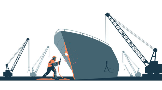 Dedicated industrial welder in protective gear works on a massive ship hull while cranes operate in the background of the shipyard site.