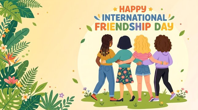 Celebrating international friendship day diverse friends embracing with floral and tropical background illustration