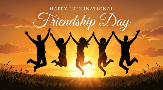 Happy international friendship day celebrations with friends jumping in joy