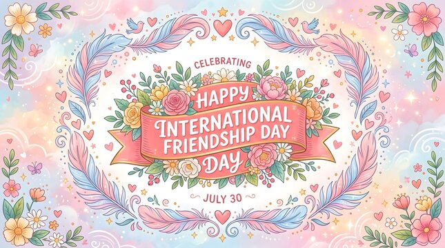 Celebrating international friendship day floral illustration with heart motifs and festive typography for social media