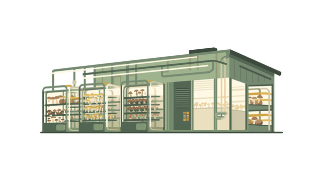 A small industrial-style greenhouse building features visible mushroom racks through glass windows and external piping on the roof structure.