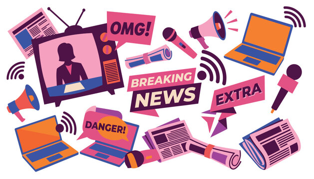 Vector illustration of news media including televisions laptops microphones and breaking news banners