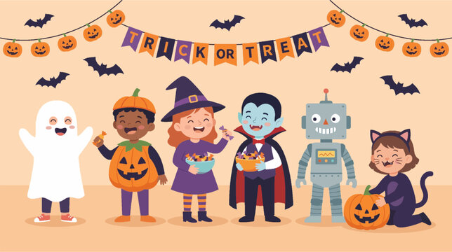 anak-anak mengenakan kostum Halloween