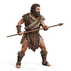 Obraz premium Wild tribesman in animal skin holding a spear. Primitive man with ancient weapon. Stone Age hunter concept.