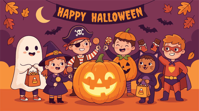anak-anak mengenakan kostum Halloween