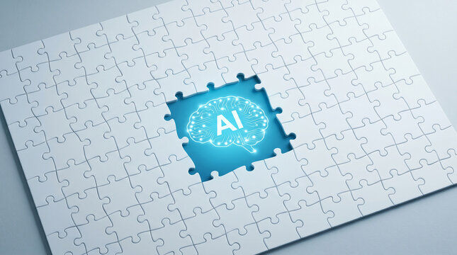 Glowing artificial intelligence brain icon placed inside a missing white puzzle piece on blue background