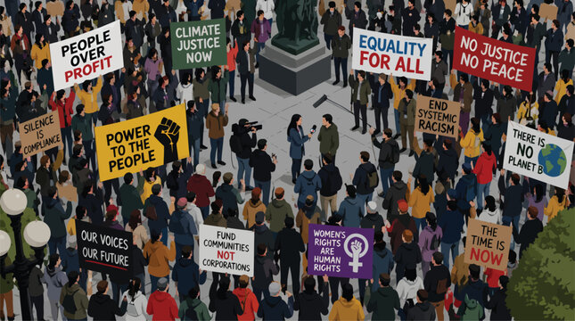 Diverse Crowd Protesting for Social Justice and Environmental Change with Signs and Banners