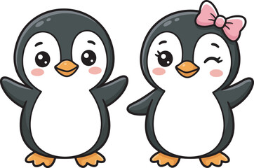 Fototapeta premium Two cute cartoon penguins with pink bow