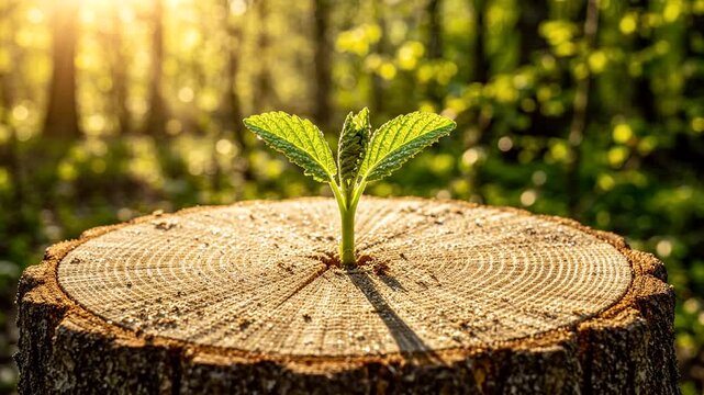 New Growth Emerges from Tree Stump Symbolizing Resilience and Renewal