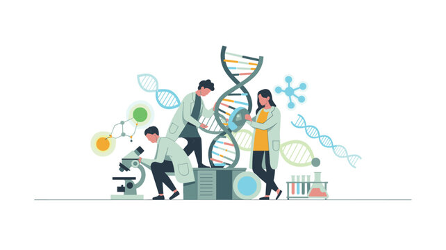 Professional scientists in white lab coats meticulously analyze a towering DNA helix structure using a microscope in a clinical lab.