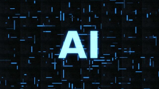 Glowing blue AI text symbol stands out against a dark abstract digital background filled with neon electronic circuits, glitch elements, and futuristic technology grid data patterns
