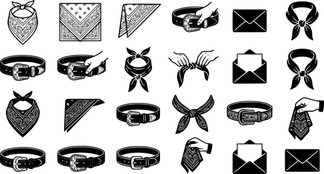Assorted black cowboy bandana and belt icons with hands and envelopes on white background Keywords: bandana, cowboy, western, neckerchief
