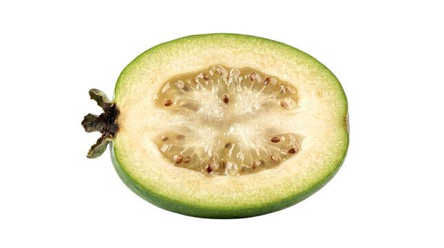 Cross section of a ripe feijoa fruit isolated on white background