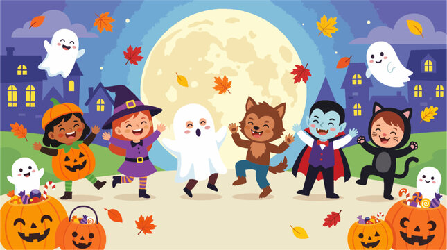 anak-anak mengenakan kostum Halloween