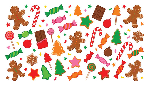 Colorful christmas sweets and treats vector illustration with candy canes gingerbread men and chocolate