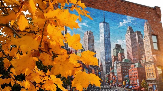 Golden leaves drape over a bustling city mural that showcases majestic skyscrapers. The warm autumn colors bring life to the urban scene, making the city pulse with energy and creativity.