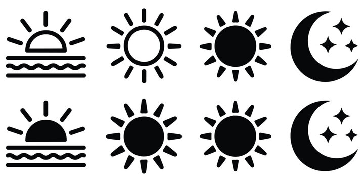 Set of black and white weather icons featuring sun variations and moon with shining stars symbols