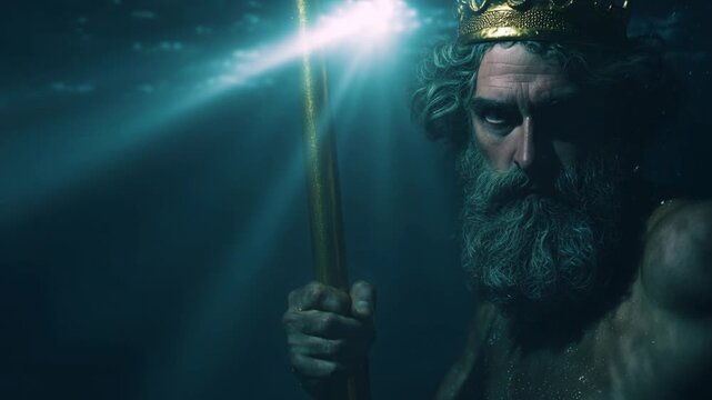 Poseidon is seen in the depths of the ocean, holding his trident. He is surrounded by water, as light filters through the surface. This moment shows his strong presence in the water.