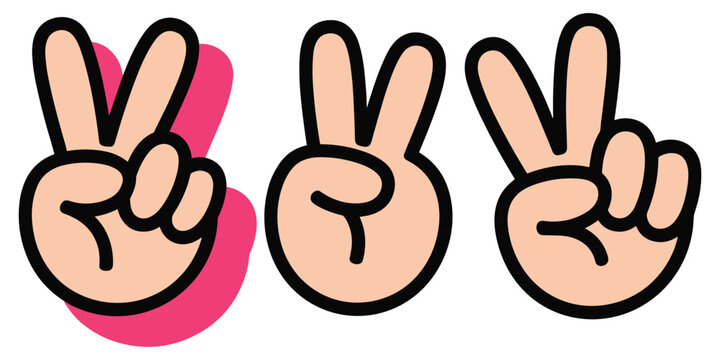 Group of three cartoon hands showing victory signs with vibrant pink accent on white background