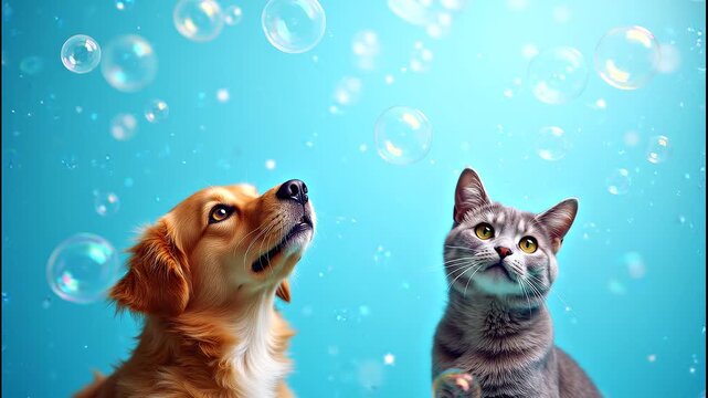 Golden retriever and gray tabby cat gaze upward at floating bubbles against a bright blue background, showcasing their curiosity and playful interaction in a whimsical setting