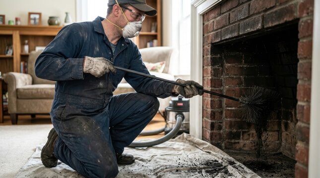 Professional chimney sweep cleaning a chimney with a long brush, removing soot and debris from the flue. Home maintenance and fireplace safety concept emphasizing essential servicing work.