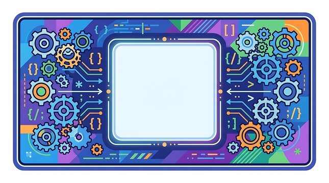 Software development interface with gears and code symbols background