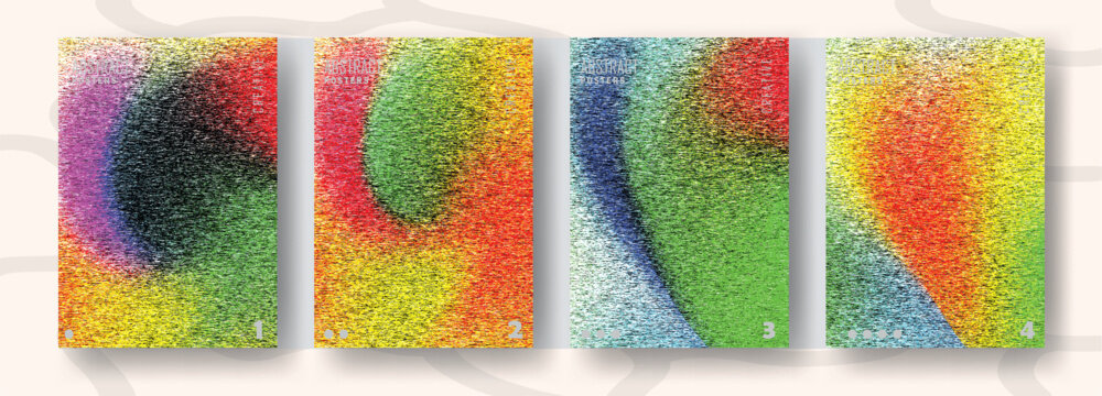 Abstract vibrant multi color posters set with heavy static noise texture rough distressed glitch background vector illustration